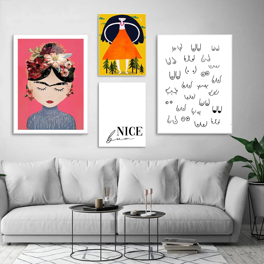 Boho Feminist Boobs Flower Hands Poster Print Canvas Painting Room Decor Frida K Art Work Picture Wall Art for Living Room Decor