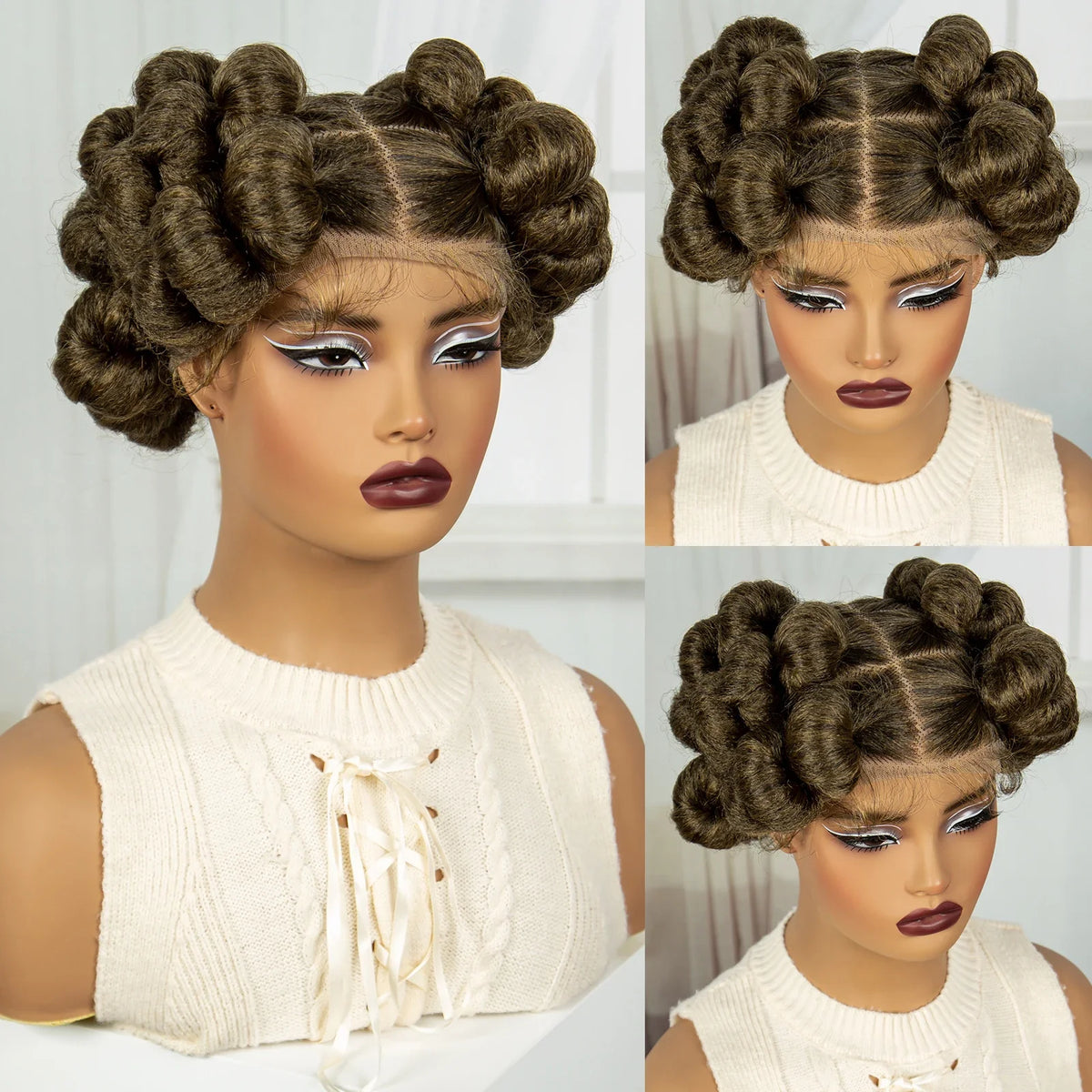 Short Cute Ginger Bantu Knotless Braids Wig | Full Lace Handmade