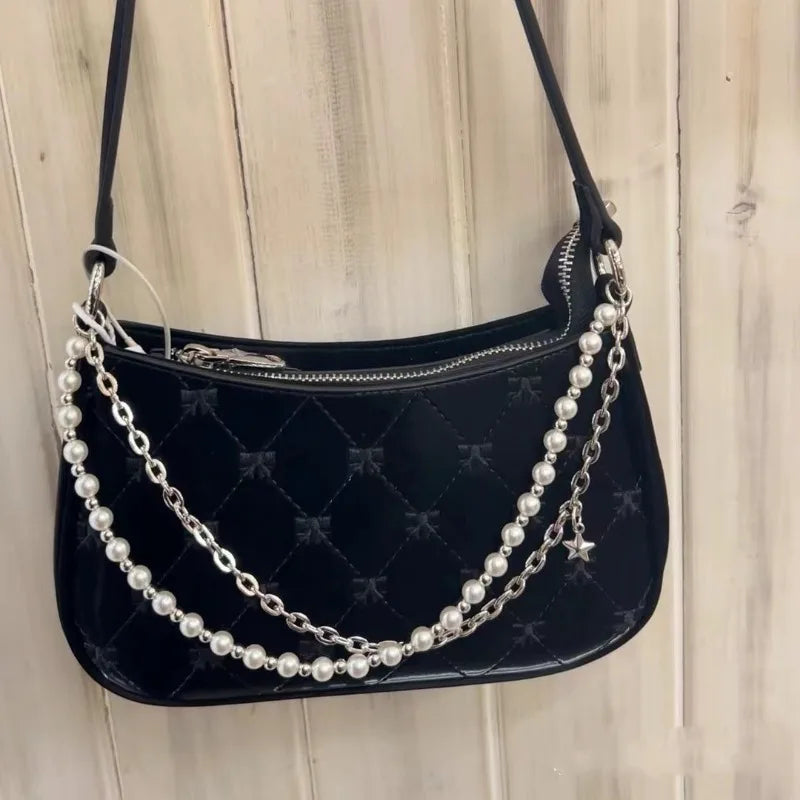 Women's Shoulder Bag | Elegant Cute Bow Pearl Chains & Embroidery Handbag (Casual Leather Korean Fashion Female Handbag)