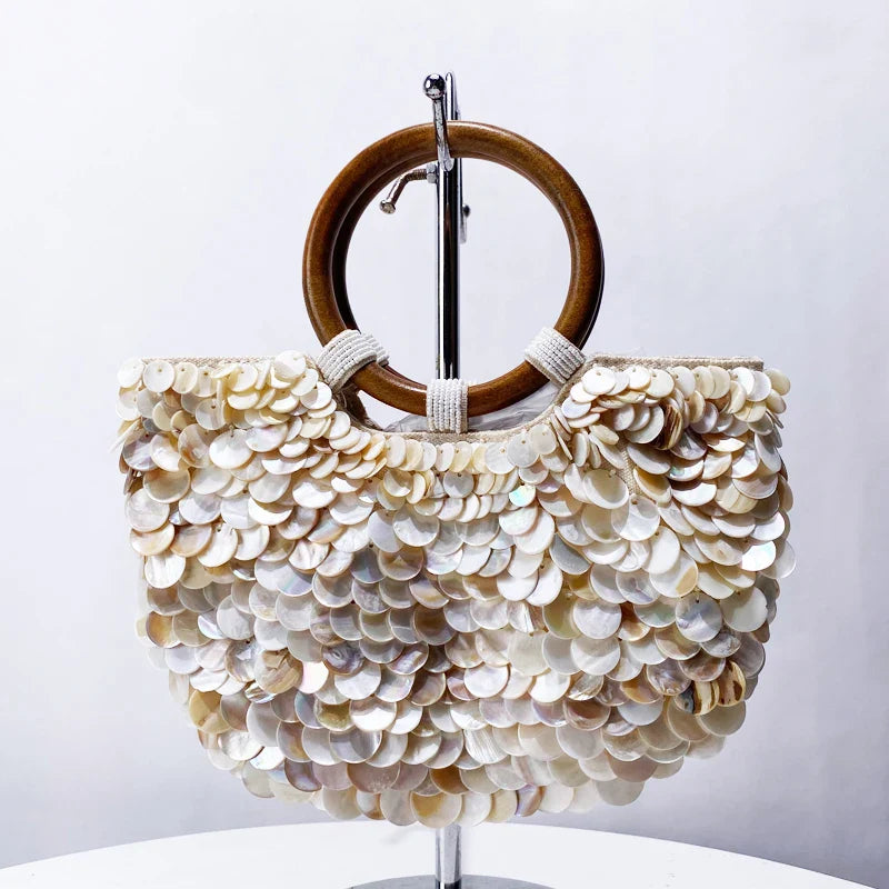 Small Shell Evening Bags for Women | Luxury Designer Handbag Purses & New Canvas Inlaid Acrylic Wooden Handle Chain Shoulder Bag