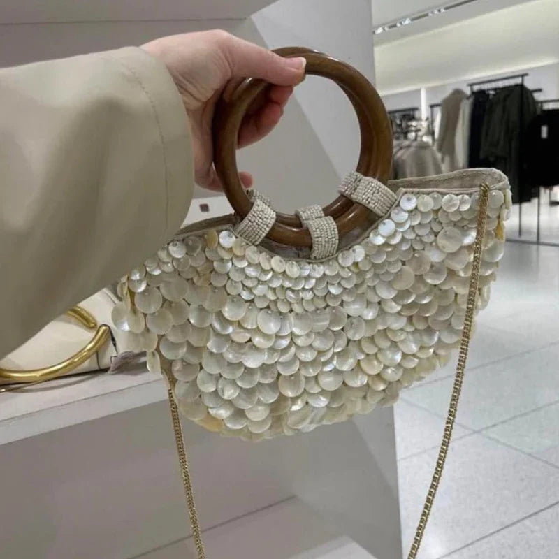 Small Shell Evening Bags for Women | Luxury Designer Handbag Purses & New Canvas Inlaid Acrylic Wooden Handle Chain Shoulder Bag