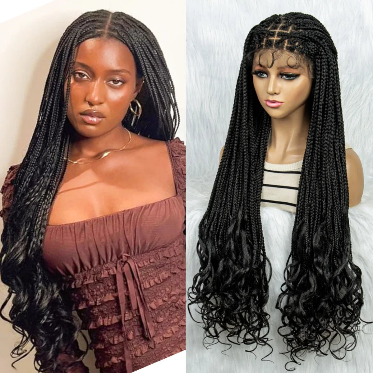 36" Knotless Braids Wig with Curly Ends | Lace Front | Synthetic Hair | Black Women