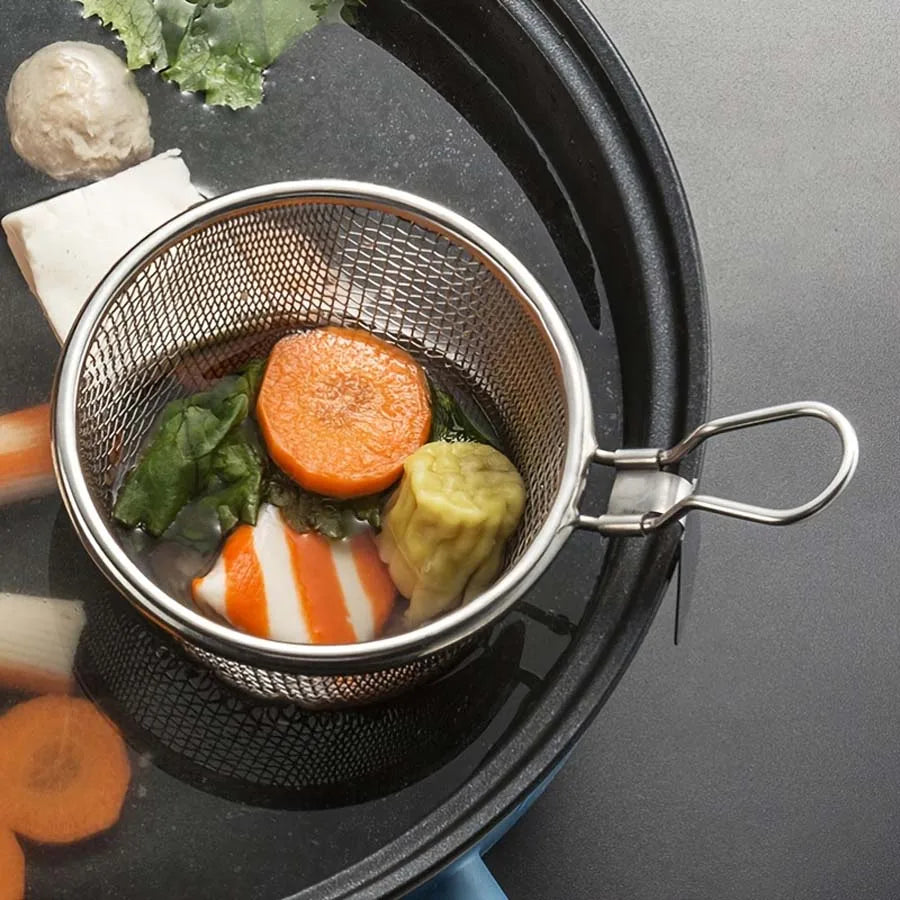 Stainless steel chafing dish, leaky spoon, household strainer, funnel, hook, instant boiled meat, fried Lo mein, boiled noodles
