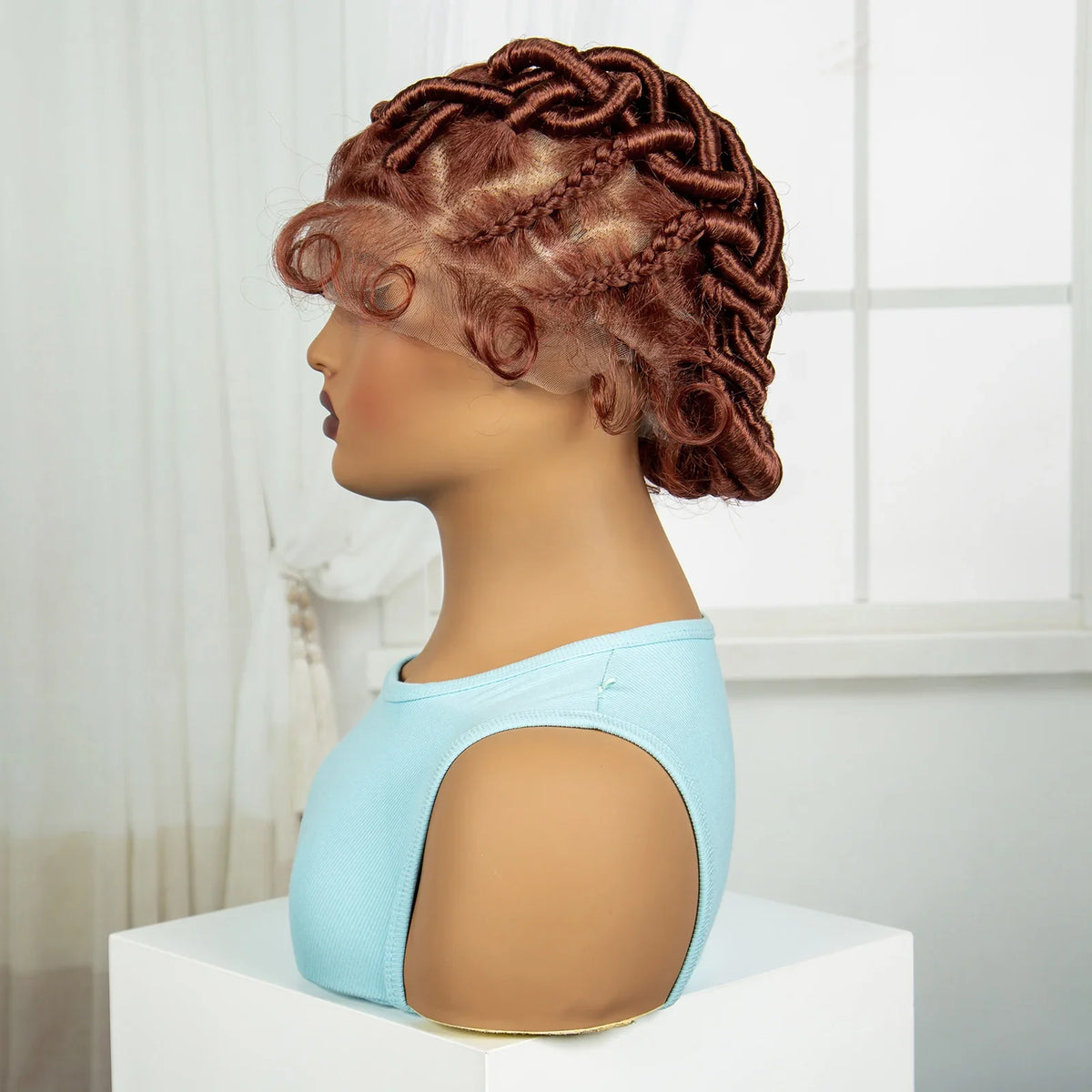 Burgundy Full Lace Synthetic Braided Wig | Knotless Box Braids & Bantu Knots | Lace Front Wig with Baby Hair for Black Women