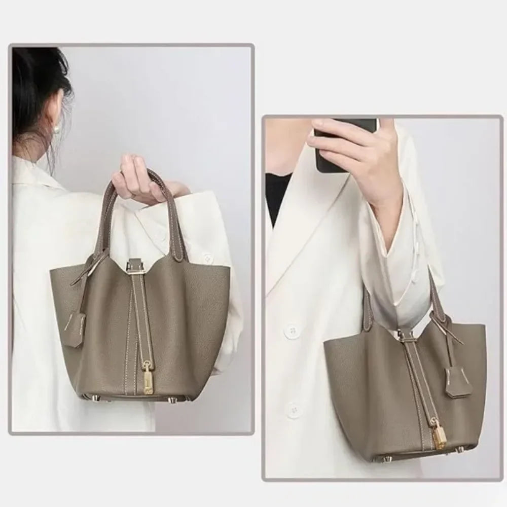 Leather Bucket Bag | Large Soft Shoulder Tote with Lock (Everyday Travel Handbag for Women & Girls)