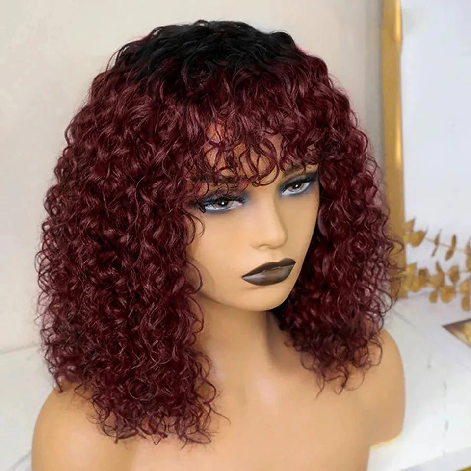 Rebecca Ombre Brown Curly Wig with Bangs | Loose Deep Wavy Brazilian Remy Human Hair