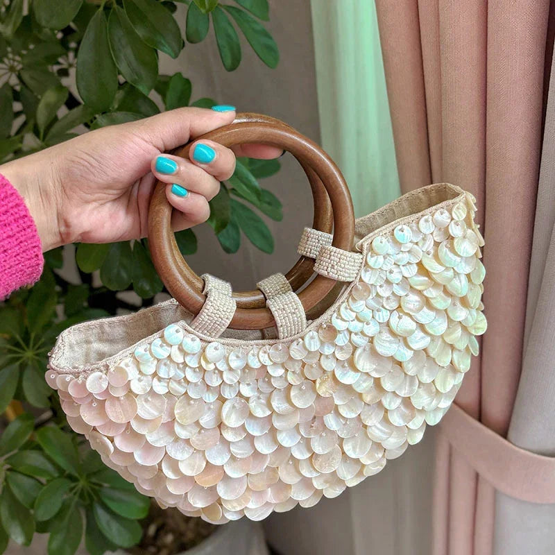 Fashion High-End Shell Bag | Niche Design Pearl Inlay Half-Moon Bag & Handmade Shell Beaded Handbag (New Versatile Crossbody)
