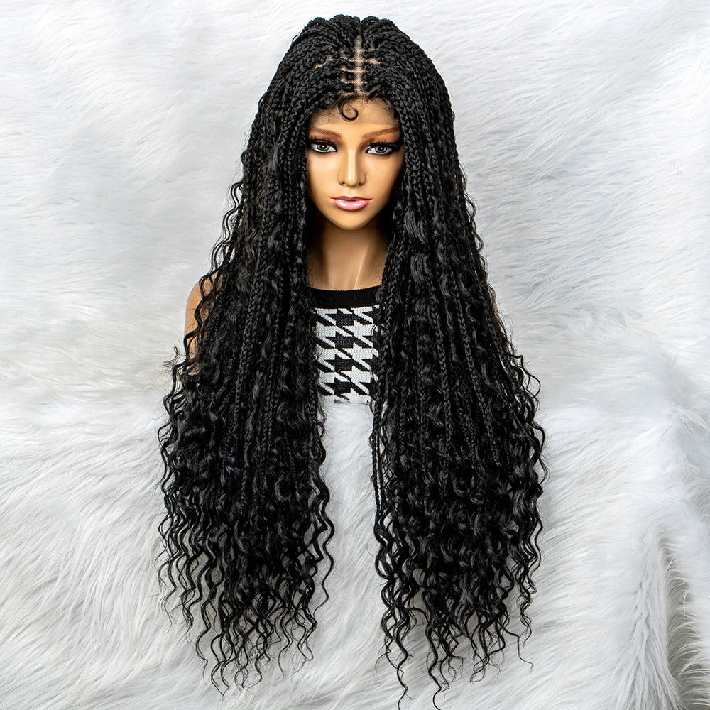 Curly End Box Braids Lace Frontal Wig with Baby Hair | Synthetic Full Lace Braided Wig for Black Women
