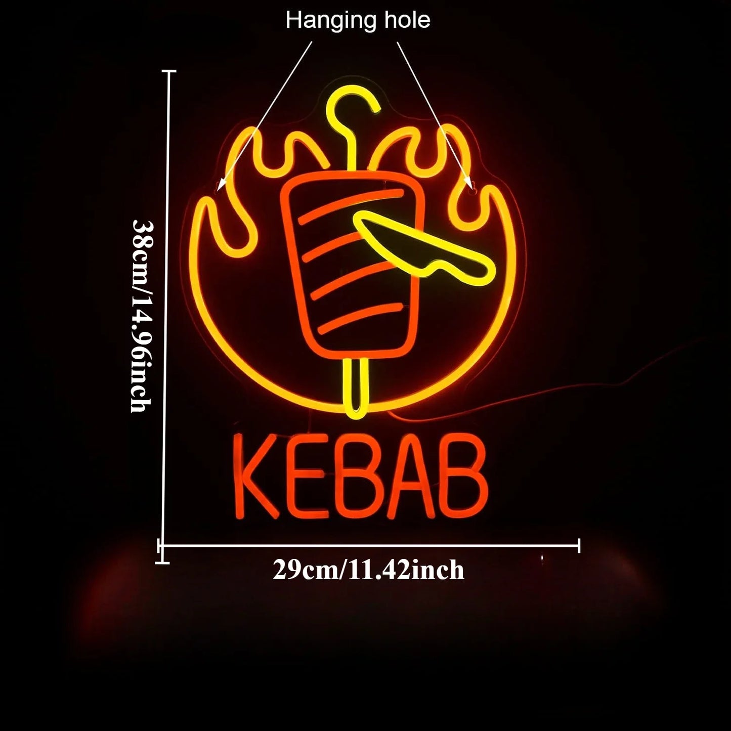 KEBAB Food LED Neon Sign with Flames and Knife for Kebab Shop Restaurant Bar Decor Home Party Unique Advertising Sign