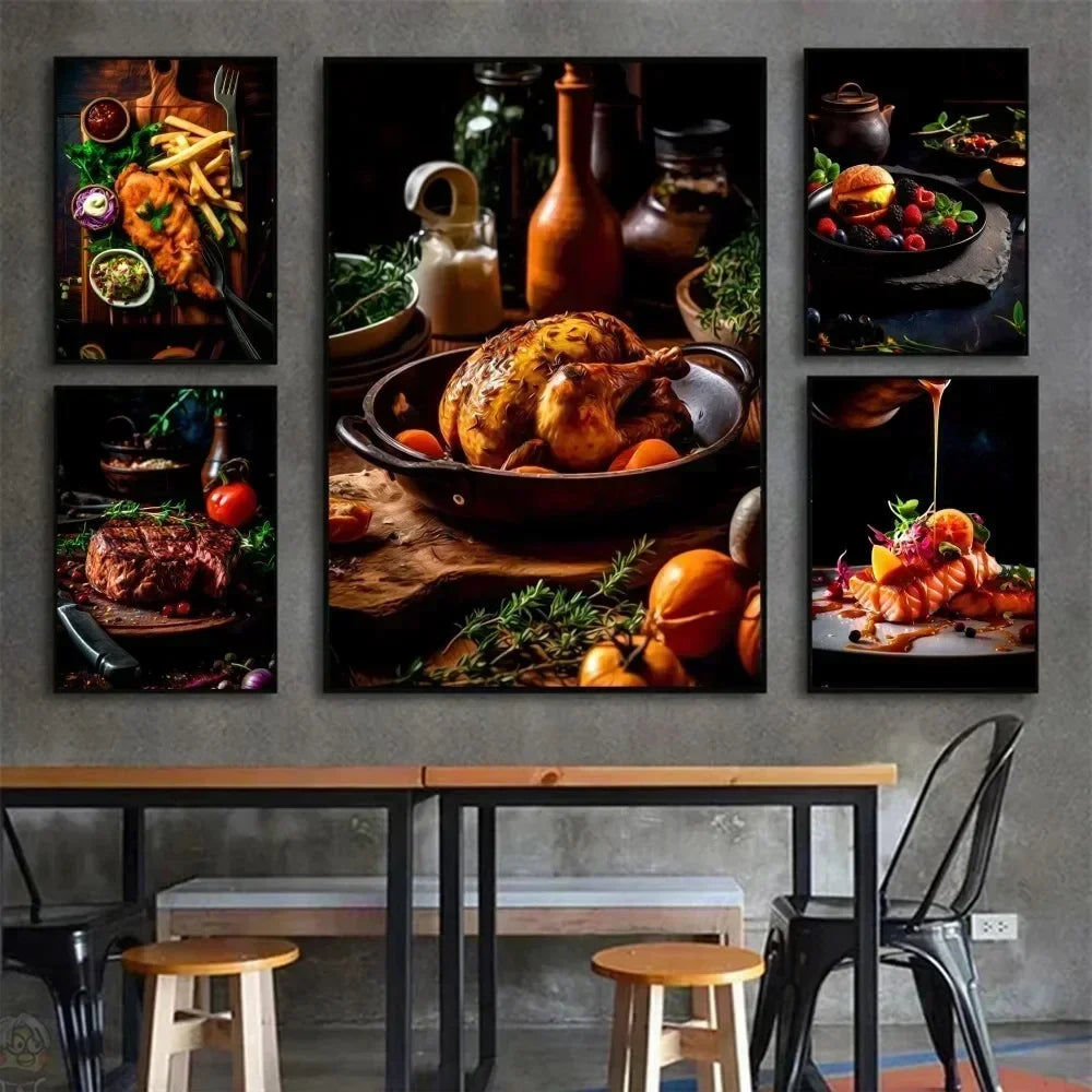 Chicken Food Burger French Fries Chicken Salmon Art Poster Canvas Painting Wall Print Living Room Home Restaurant Decor Poster