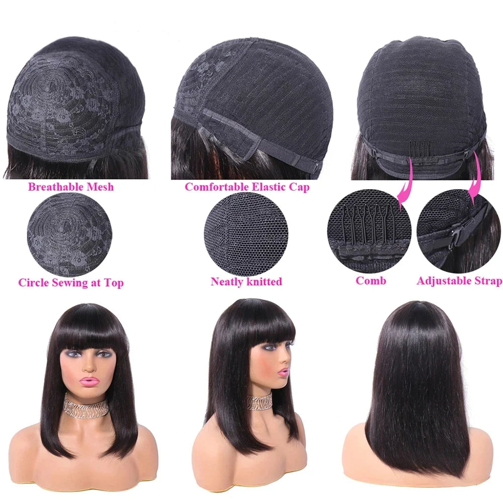 Short Straight Bob Wig with Bangs | Affordable Human Hair for Women