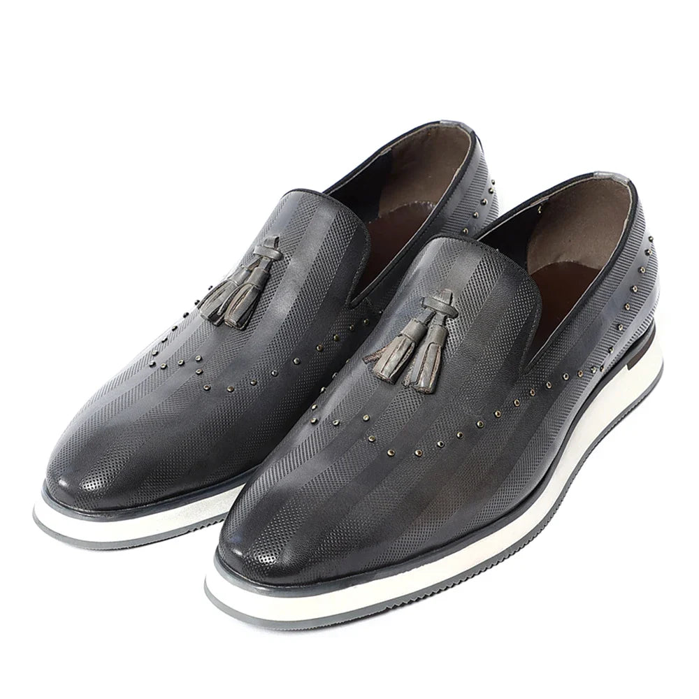 Top Grade Luxury Men's Genuine Leather Loafers | Original Stripe Rivets & Tassel Casual Flat Shoes