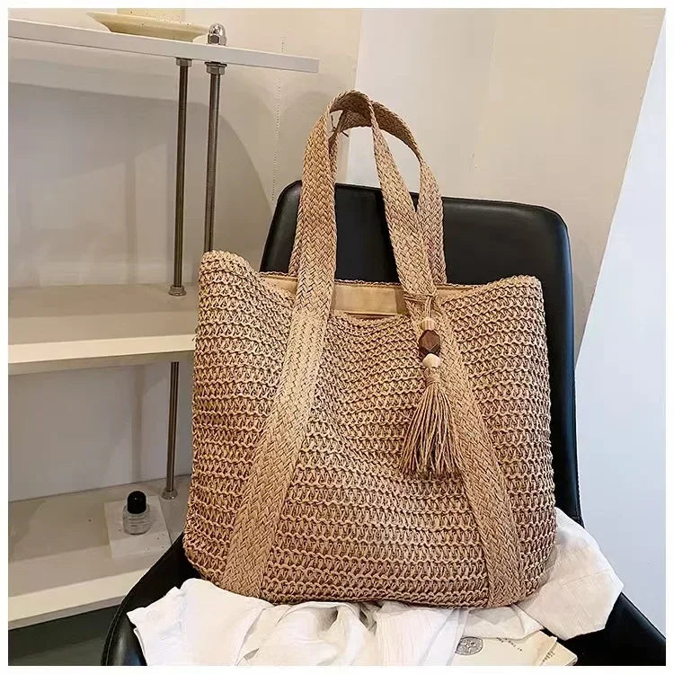Fashion Straw Summer Large Capacity Tote Bag | Women's Shoulder Bag & Handmade Woven Bag (Fresh Rural Handheld Grass Woven Women Bag)