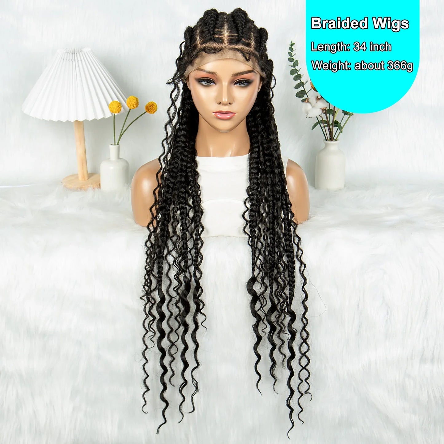 Cornrow Braided Wigs Synthetic Transparent Full Lace Wig With Baby Hair Braiding Wig Boho Cornrow Wig Curly End For Black Women