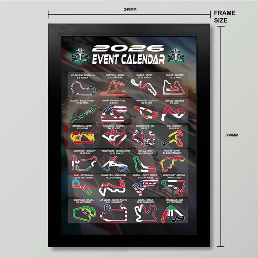 Gifts and Temptations 2026 Formula Racing Event Calendar Poster Track Layouts with National Flags, Wall Art Print