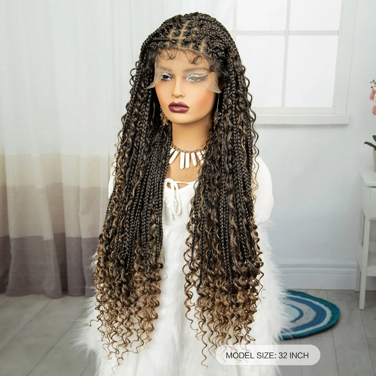 Ombre Boho Knotless Braids Wig | Curly Ends | Lace Front | Baby Hair
