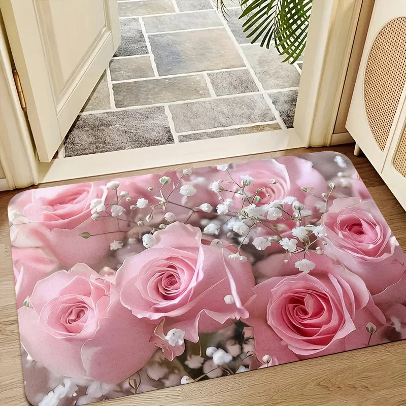 VIKAMA Fresh Pink Rose Non-Slip And Dirt-Resistant Carpet, Floor Mat In Entrance, Bathroom, Kitchen And Balcony Home Decoration.
