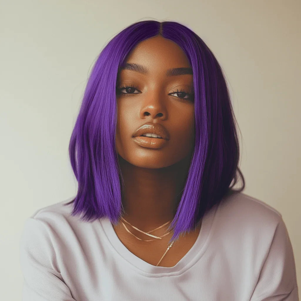 Purple Straight Bob Wig | 13x5x1 Brazilian Human Hair Lace Part with 180% Density (Party Style, Remy)