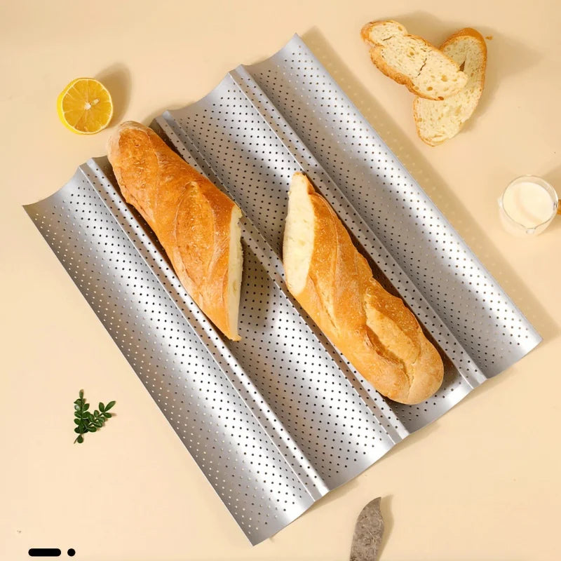 French Bread Baking Pan Nonstick Perforated Carbon Steel Baguette Pan French Bread 3/4 Wave Loaves Loaf Bake Mold Cooking Tray