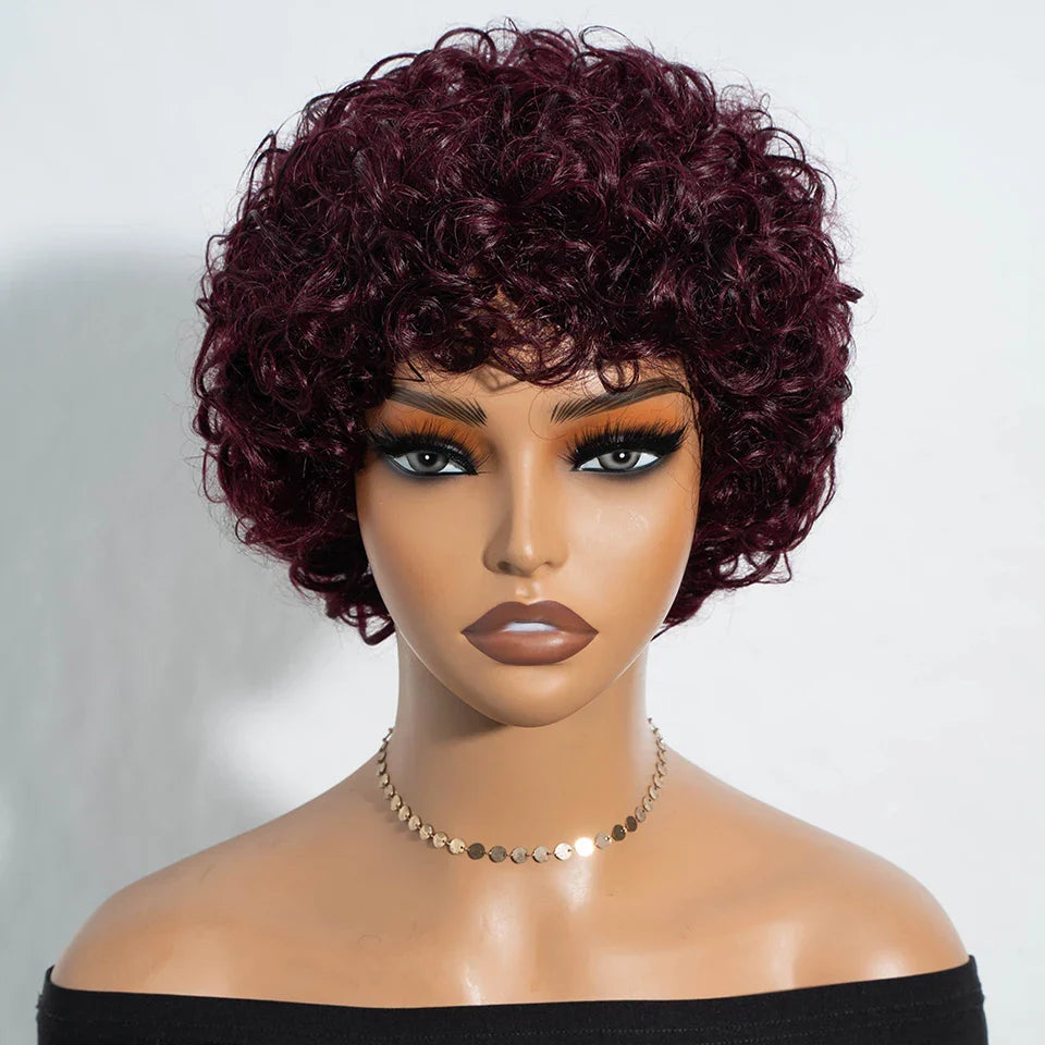 Brazilian Short Pixie Bob Afro Kinky Curly Wig with Bangs | Full Machine Made Human Hair (Natural Brown & 99J)