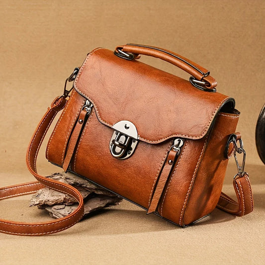 Vintage Turn-Lock Square Satchel Bag | Solid Color Women's Classic PU Leather Shoulder & Crossbody Bag