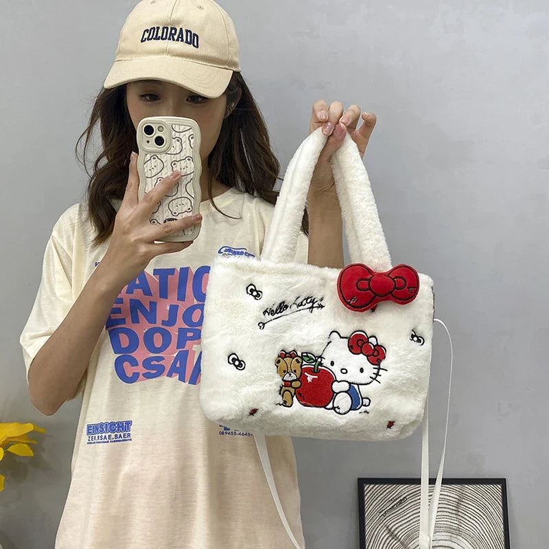 Kawaii Hello Kitty Plush Shoulder Bag | My Melody Cinnamoroll Kuromi Cute Cartoon Anime Handbag (Soft Storage Bag for Women & Girls)