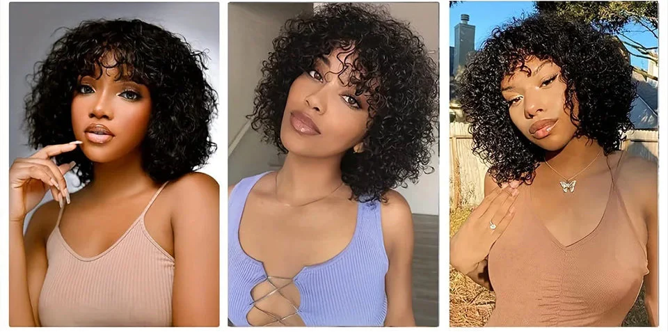 Highlight Honey Blonde Jerry Curly Bob Wig with Bangs | Non-Lace Front Human Hair