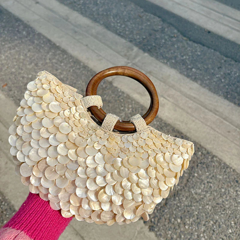 Designer Women's Pearlescent Inlay Half Moon Crossbody Bag | Exquisite Shell Beaded Handbag with Sequin & Wooden Handle Tote
