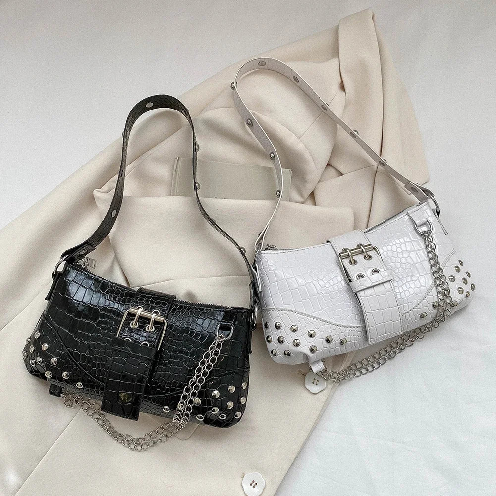 Fashion Women's Y2K Armpit Bag | Luxury Design Pleated Underarm Bag (Solid Color Shoulder Messenger Hobo Handbag with Chains & Rivets)