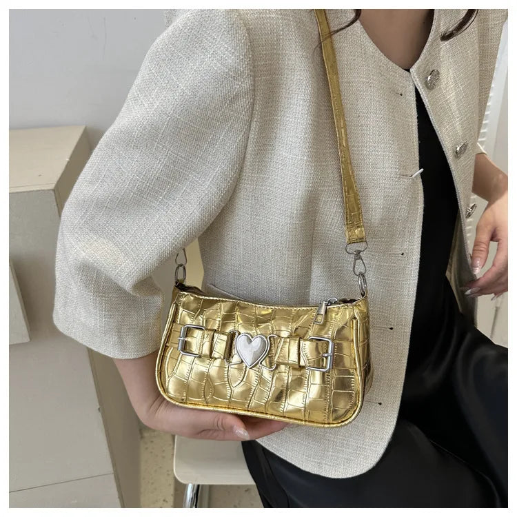 Women's Y2K Peach Heart Butt Leather Handbag | Alligator Pattern Underarm Shoulder Bag with Heart Pin Buckle (Fashion Girls Mini Tote)