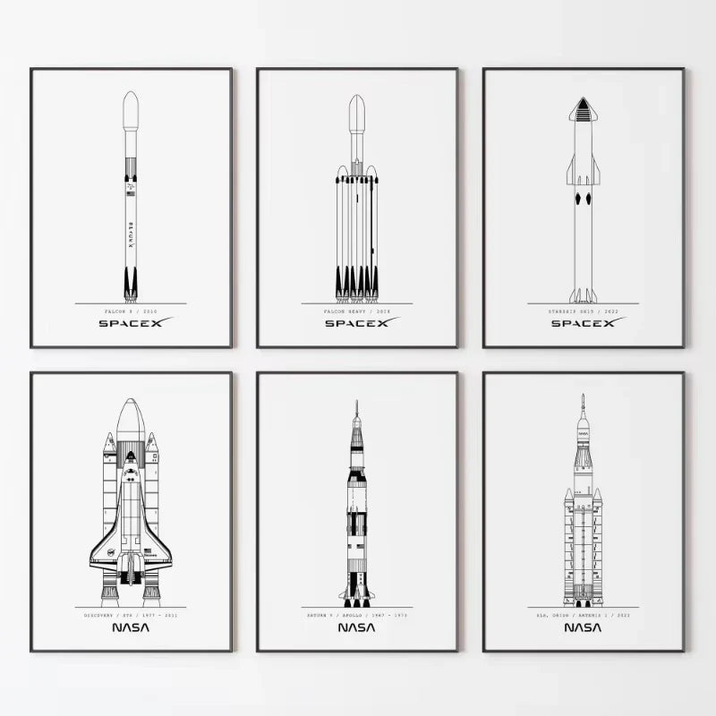 NASA and SpacX Poster Minimalist Space Rocket Blueprints Canvas Painting Modern Wall Art Picture for Living Room Home Decor