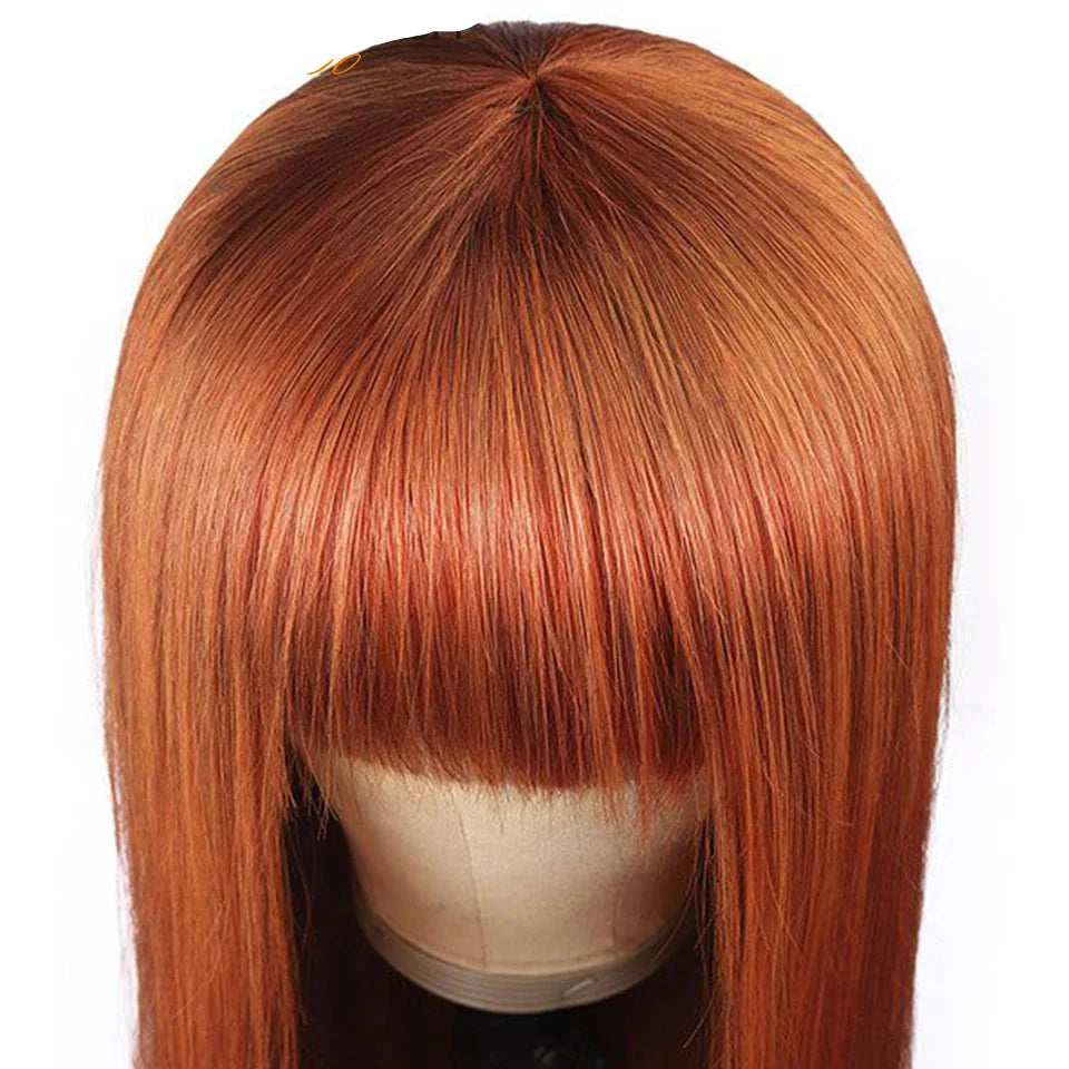 Ginger Orange Straight Human Hair Wig with Bangs | Full Machine Made Peruvian Remy Hair (Wear & Go)
