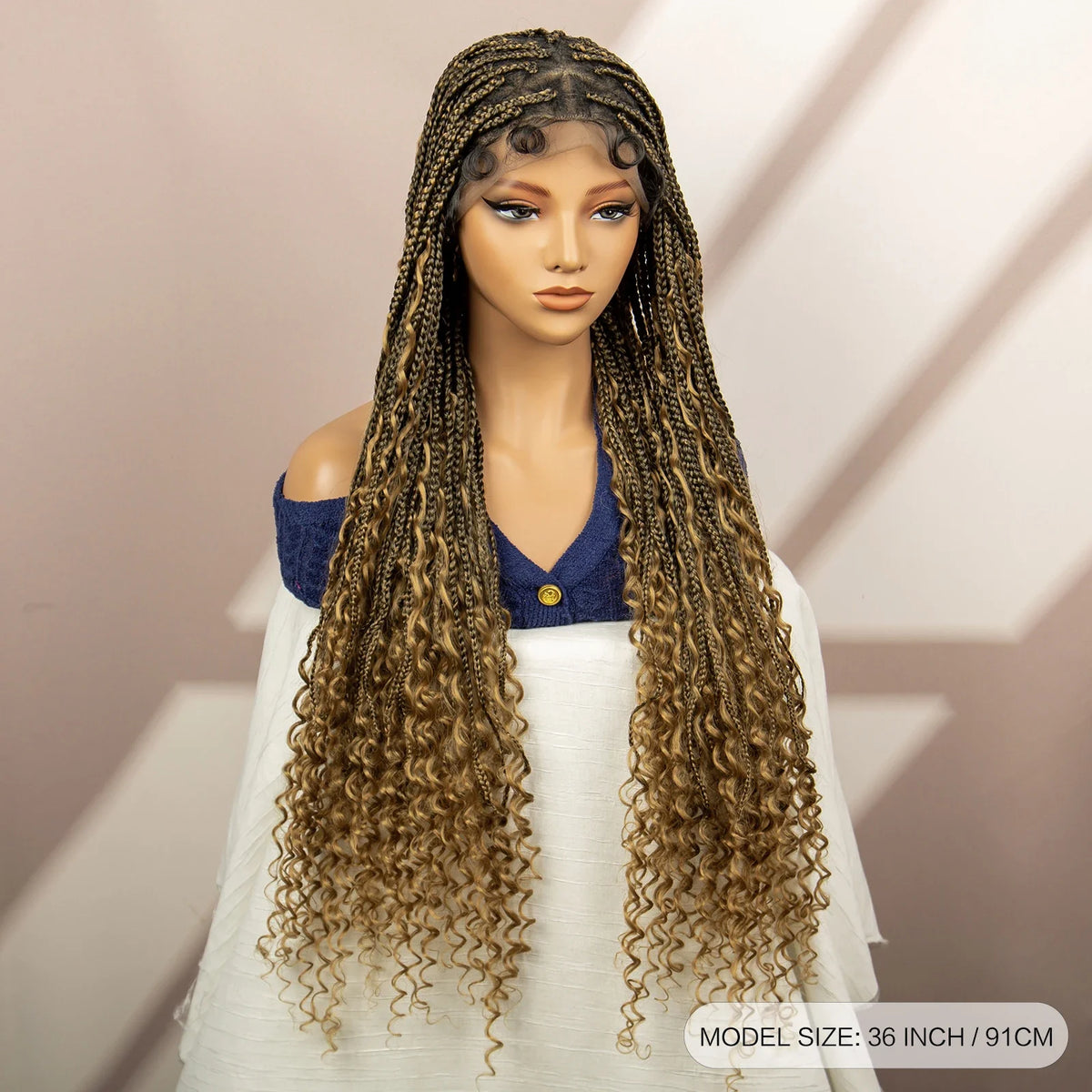 Boho Box Braided Wig with Curly Hair | Goddess Locs Accents | Full Lace Brown Braids Wig | Bohemian Box Braid Wig
