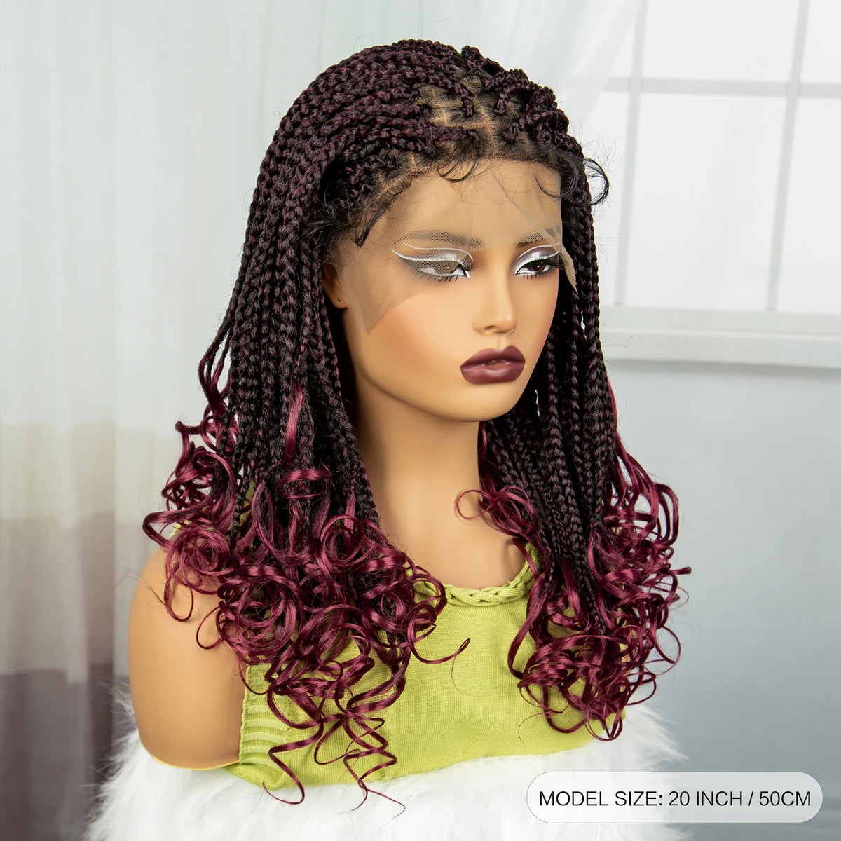 Burgundy Knotless Braids Wig with Curly Ends | 9x6 Lace Front | Blended Box Braids