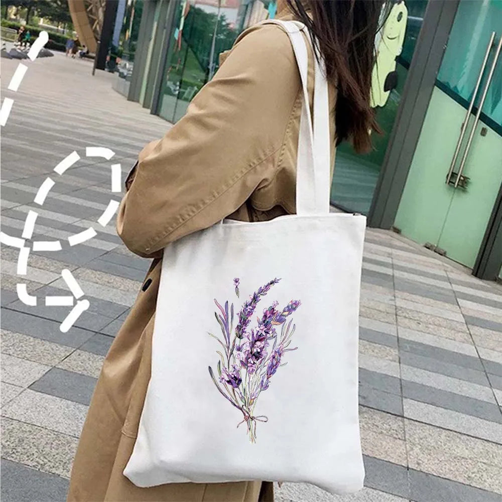 Succulove Floral Cotton Tote Bag | Large Capacity Handbag with Tulips, Hydrangeas, Sunflowers & More (Casual Shoulder Shopper, Eco-Friendly)