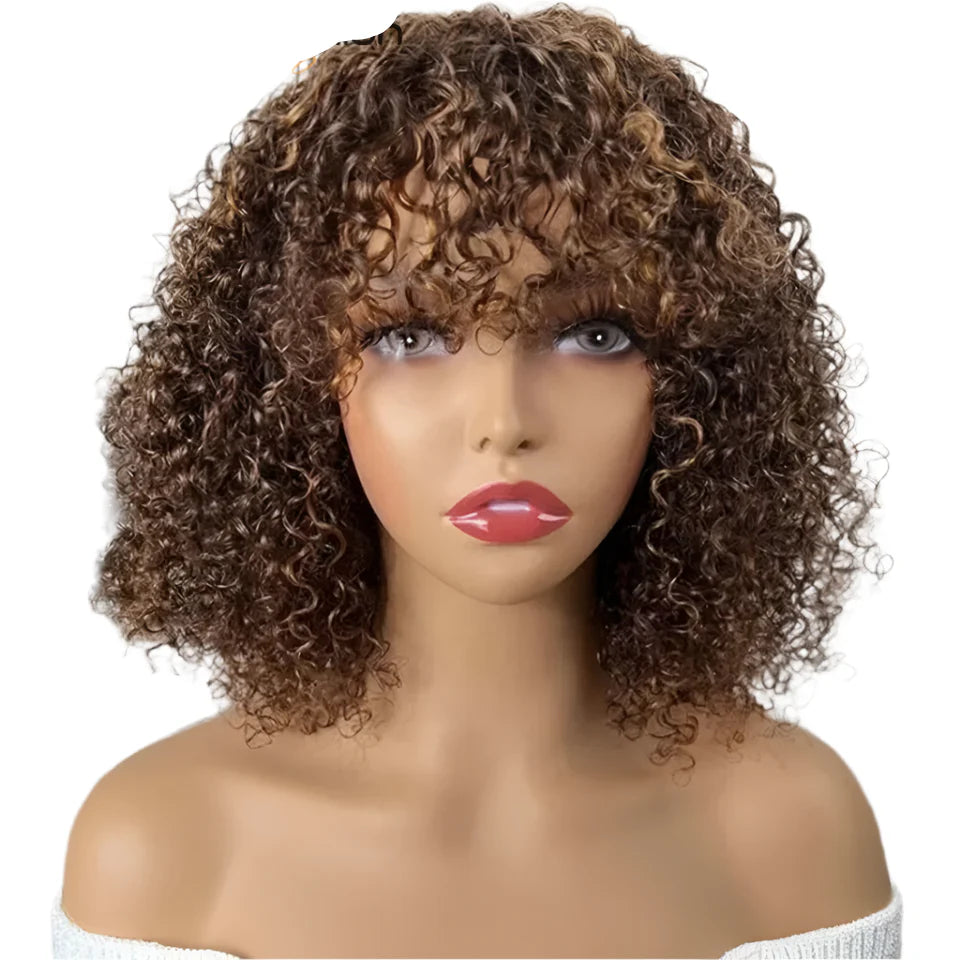 Highlight Honey Blonde Jerry Curly Bob Wig with Bangs | Non-Lace Front Human Hair