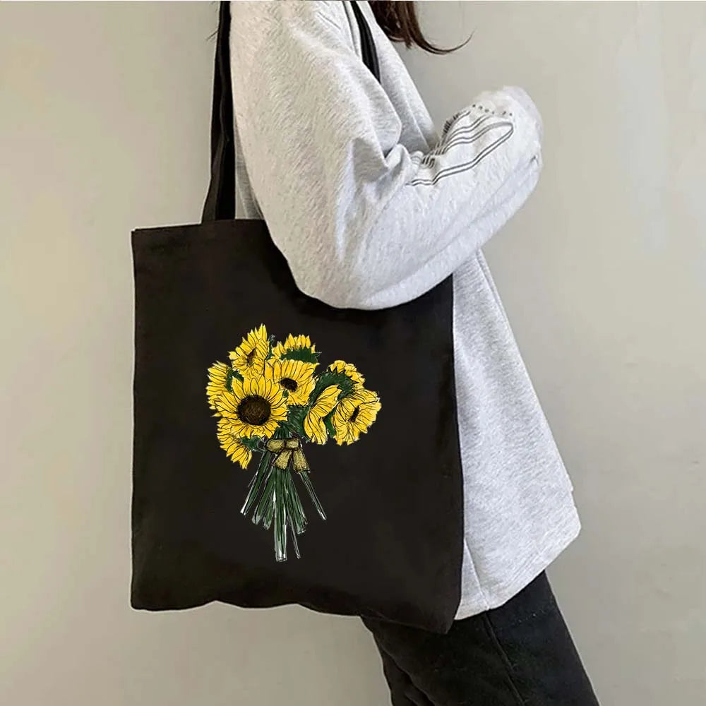 Succulove Floral Cotton Tote Bag | Large Capacity Handbag with Tulips, Hydrangeas, Sunflowers & More (Casual Shoulder Shopper, Eco-Friendly)
