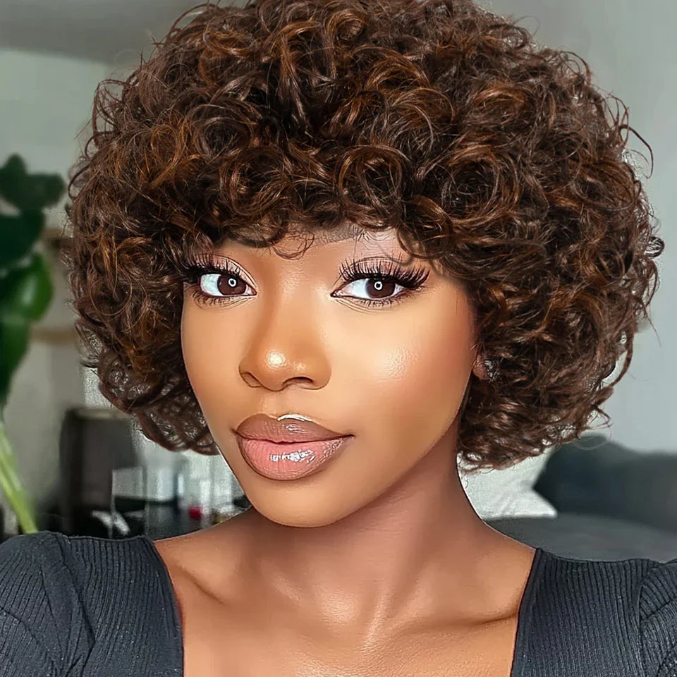 Brazilian Short Pixie Bob Afro Kinky Curly Wig with Bangs | Full Machine Made Human Hair (Natural Brown & 99J)