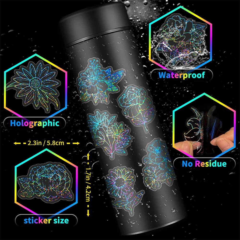 10/30/50pcs Cartoon Holographic Laser Flower Aesthetic Stickers Laptop Notebook Phone Suitcase Decoration Sticker Decals Kid Toy