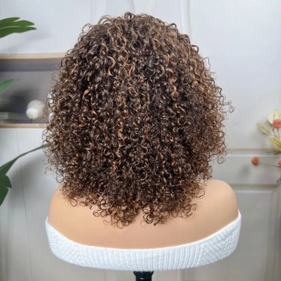 Highlight Honey Blonde Jerry Curly Bob Wig with Bangs | Non-Lace Front Human Hair