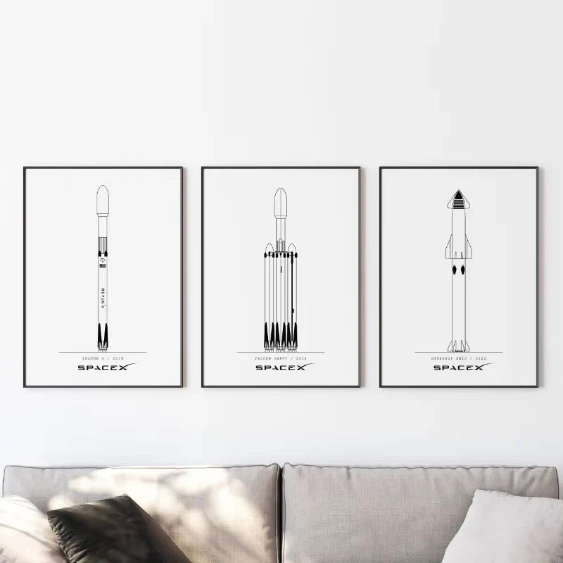 NASA and SpacX Poster Minimalist Space Rocket Blueprints Canvas Painting Modern Wall Art Picture for Living Room Home Decor