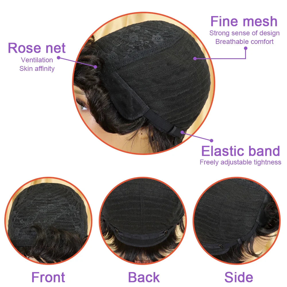 Pixie Cut Human Hair Wig | Natural Color Wavy Remy Hair | Short Cut Wig