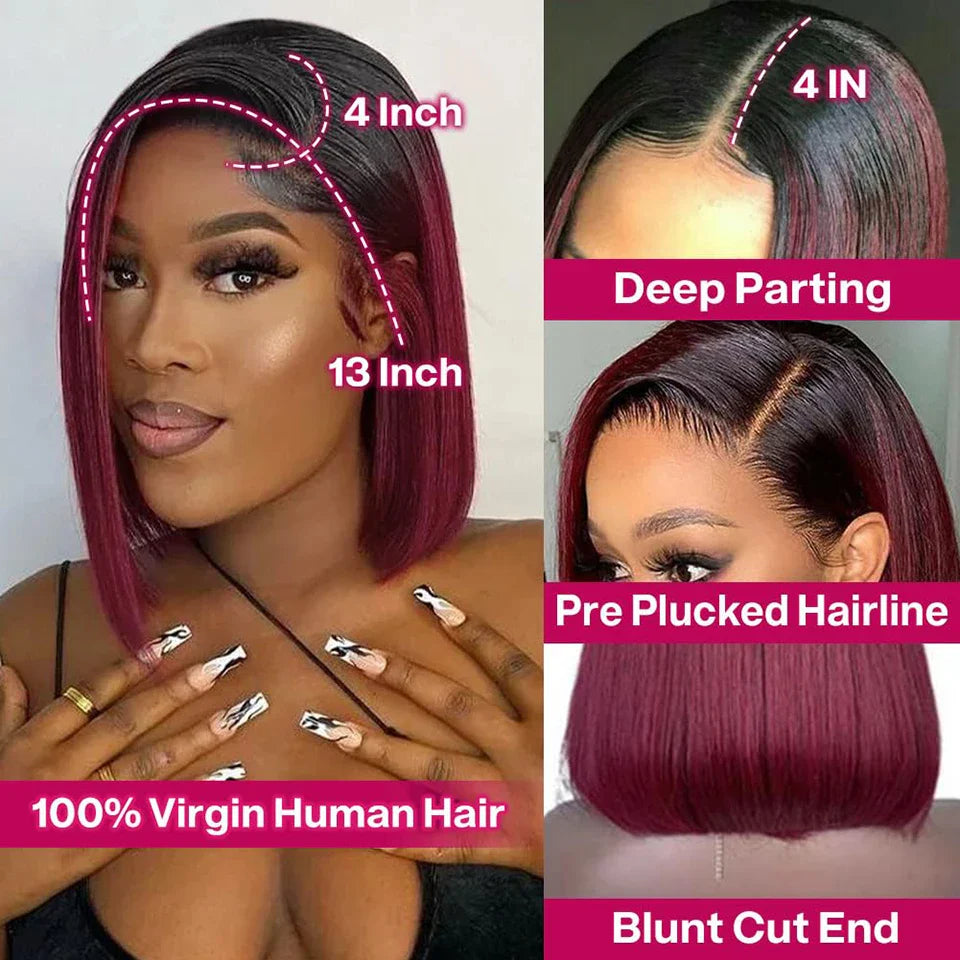 Ombre 1B/99J Burgundy & 1B/27 Honey Blonde Straight Bob Wig | HD Transparent Lace Front Human Hair (Glueless)