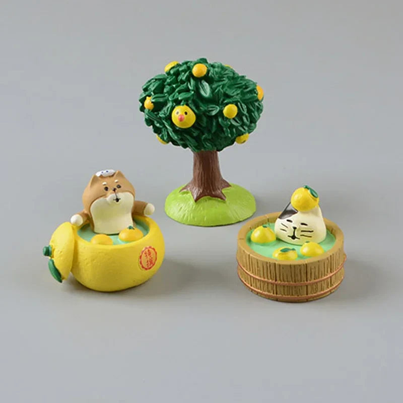 ZAKKA Cute Drinking Cat Figuines Shiba Inu Soak In The Bath Resin Model Pomelo Tree Fairy Garden Home Desktop Decoration gifts