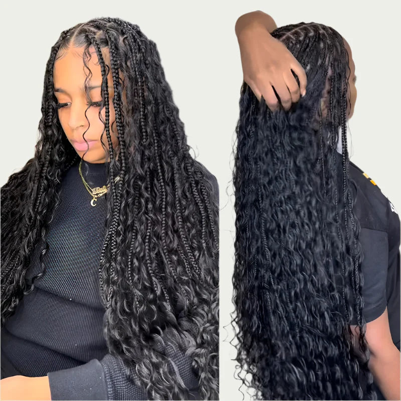 Boho Curly End Braided Full Lace Front Wig | Goddess Locs | Knotless Box Braids | Synthetic Bohemian Wig