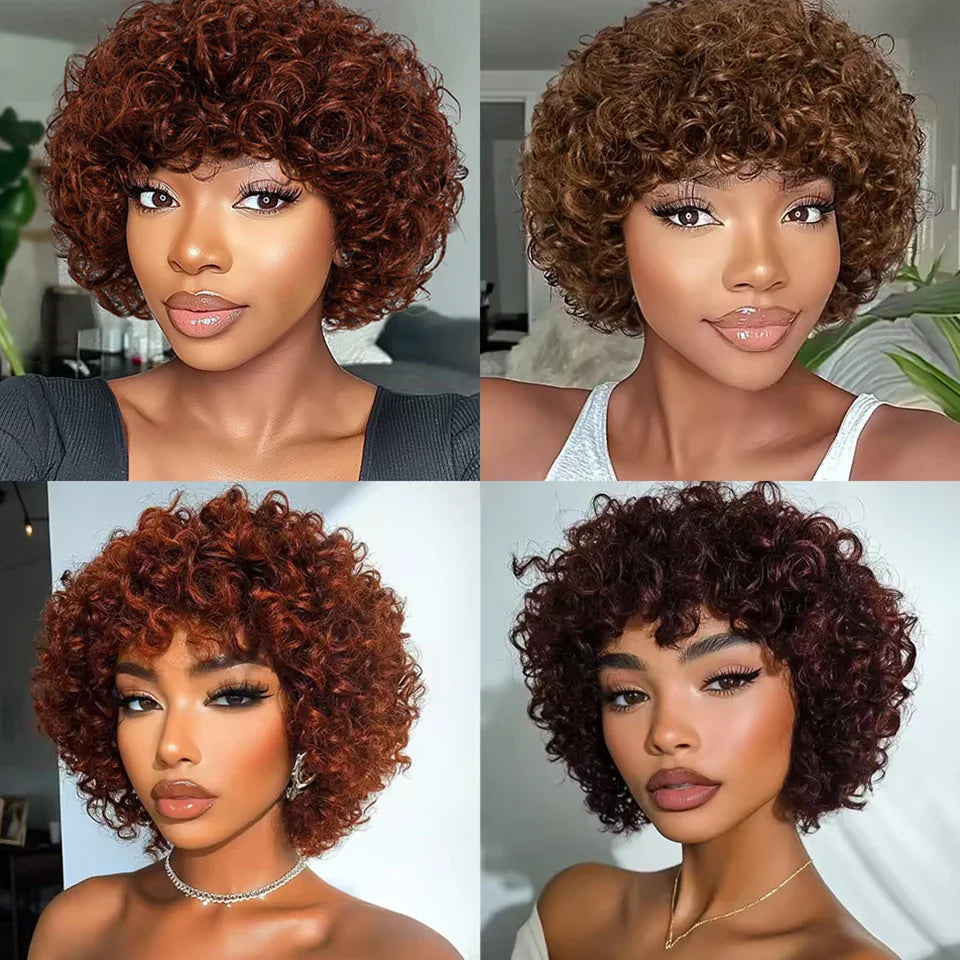 Sleek Short Pixie Afro Kinky Curly Human Hair Wig | Glueless Natural Brown 99J Bob with Bangs