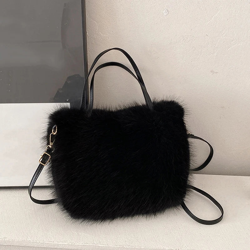 Faux Fur Tote Bag Women's | Bucket Plush Luxury Design Ladies Handbags & Soft Winter Crossbody Shoulder Bags (Bolsa Feminina)