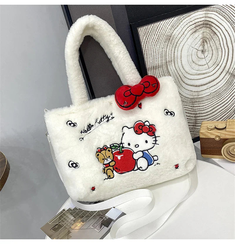 Kawaii Hello Kitty Plush Shoulder Bag | My Melody Cinnamoroll Kuromi Cute Cartoon Anime Handbag (Soft Storage Bag for Women & Girls)