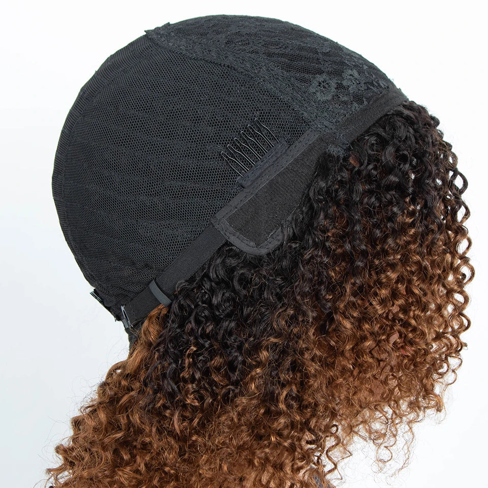 Ombre Highlight Afro Kinky Curly Human Hair Bob Wig | Full Machine Made Peruvian Remy