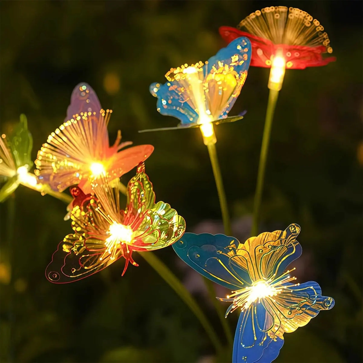 1PC 6-Head LED Solar Fiber Optic Butterfly Lights, 2 Modes Outdoor Idea Landscape Lighting For Garden,Pathways, Lawn, Patio,Yard